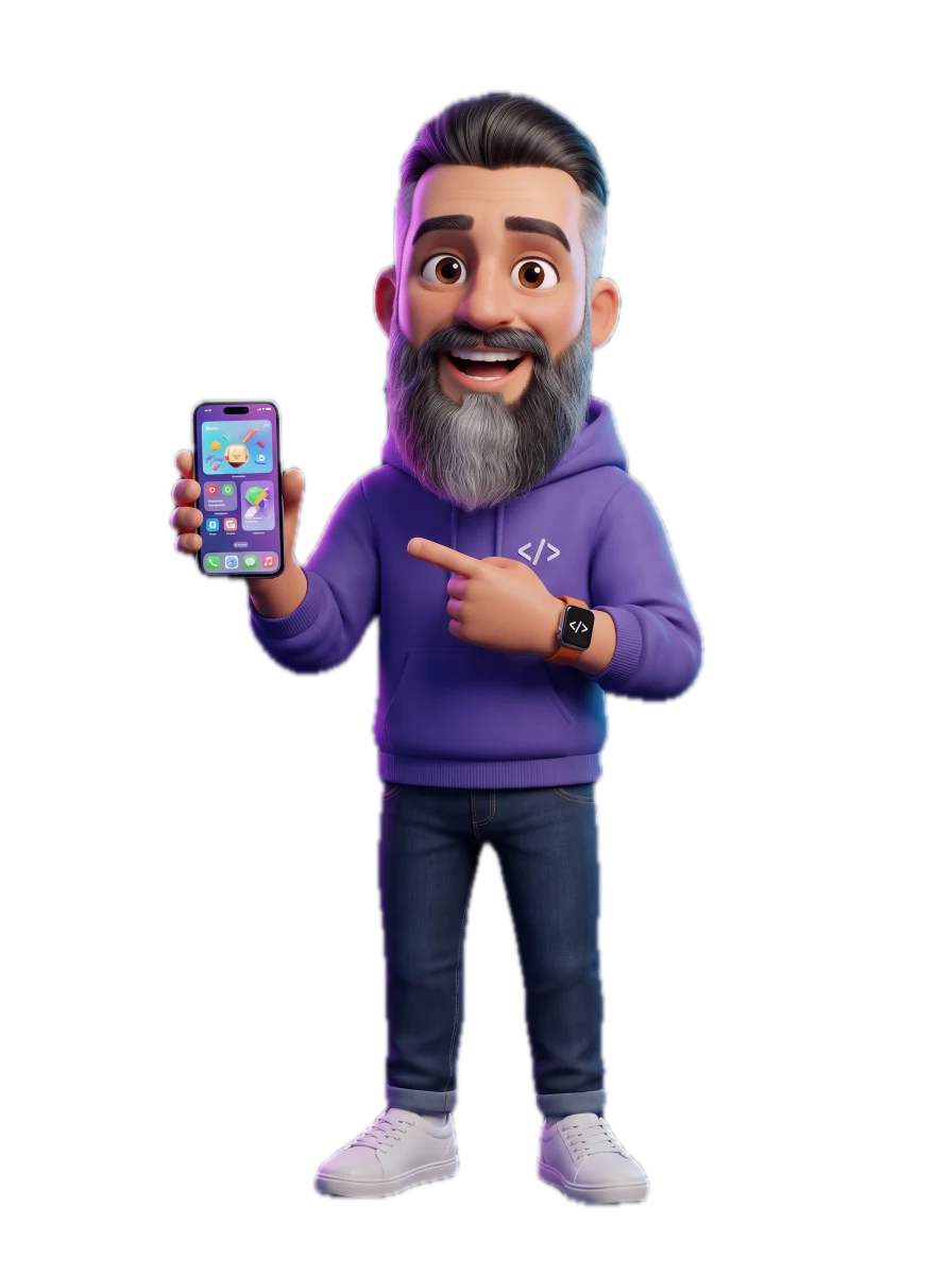 Avatar 3D de Renato mostrando um iPhone